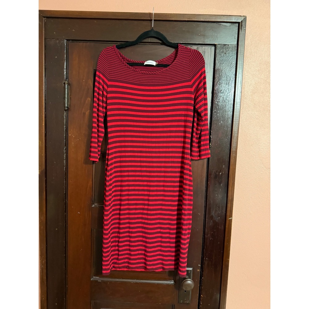 Calvin Klein Red Burgundy Striped Boat Neck‎ Sheath Dress Size 10
